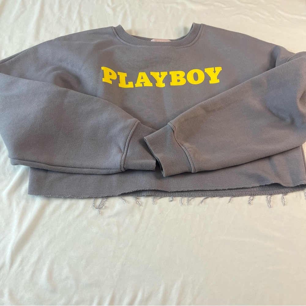 Playboy x Missguided Cropped Crewneck Sweatshirt Grey Yellow Logo Size M/L